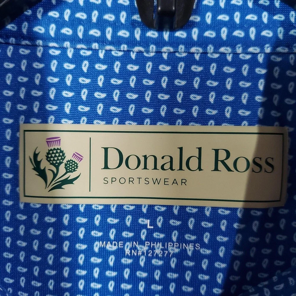 Donald Ross Polo Shirt‎ Mens Extra Large Blue Micro Print Golf Muncie Patch Knit